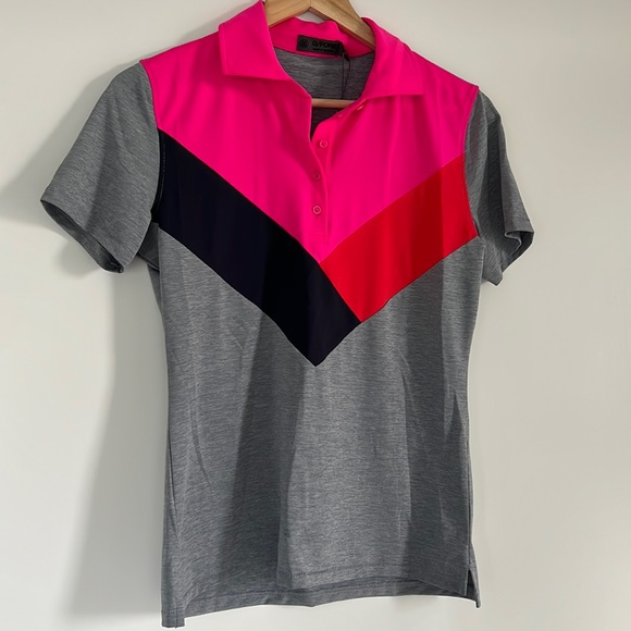 NWT G/Fore Chevron Golf Polo Shirt Women’s Size Small Grey Pink Colourblocked - Picture 3 of 6